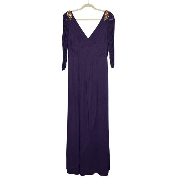 Adrianna Papell 12 Deep Purple Embellished Gem Shoulder Mesh Stretch Maxi Dress - Picture 2 of 7